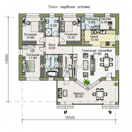 «Бережки» - современный проект одноэтажного дома, с эркером, с панорамным остеклением - превью план дома