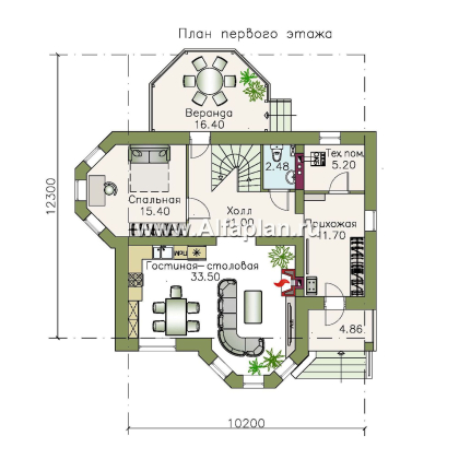 «Классика» - проект двухэтажного дома с эркером, планировка с кабинетом на 1 эт и с террасой - превью план дома