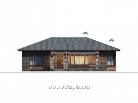 Проекты домов Альфаплан - Проект компактного одноэтажного дома с тремя спальнями - превью фасада №1