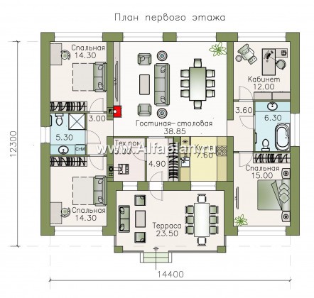 Проекты домов Альфаплан - «Стрельна» - одноэтажный дом с четырьмя комнатами и террасой - превью плана проекта №1