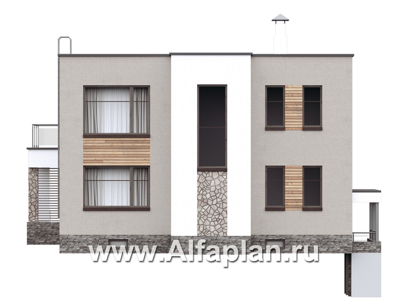 Проекты домов Альфаплан - «Серотонин» - проект современного хай-тек дома с плоской кровлей и цокольным этажом - изображение фасада №4