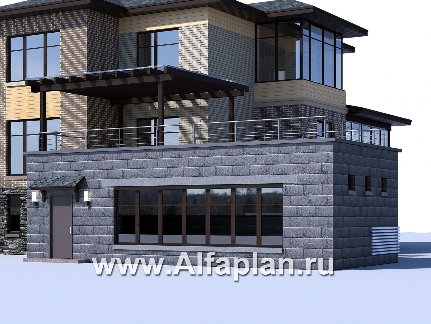 Проекты домов Альфаплан - Проект бассейна (пристройка к коттеджу) с террасой на крыше - основное изображение