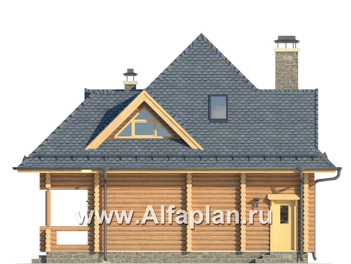 Проекты домов Альфаплан - Одноэтажный дом из бревен с мансардой - изображение фасада №2