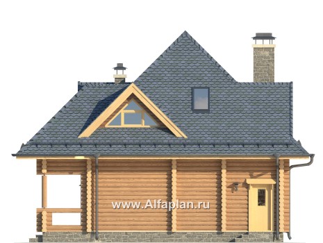 Проекты домов Альфаплан - Одноэтажный дом из бревен с мансардой - превью фасада №2
