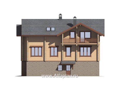 «Традиция» - проект дом с мансардой из бревен, с гаражом и сауной в каменном цоколе,  для участков с рельефом - превью фасада дома