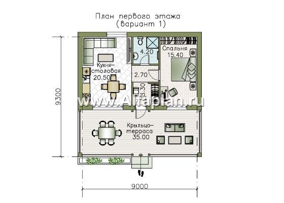 Проект гостевого дома с одной спальней или с сауной, с террасой - превью план дома