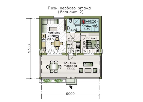 Проект гостевого дома с одной спальней или с сауной, с террасой - превью план дома