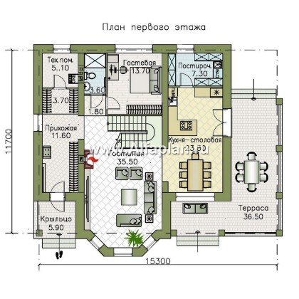 «Вермеер» - проект двухэтажного дома с эркером и лестницей в гостиной, с отдельной квартирой студией - превью план дома