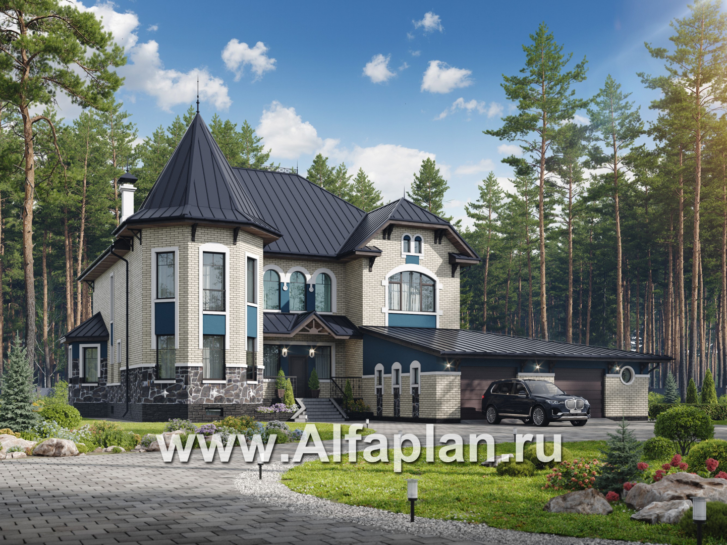 «Дворянское гнездо» - проект двухэтажного дома,  с двусветной гостиной и бассейном, семейный особняк в русском стиле - основное изображение
