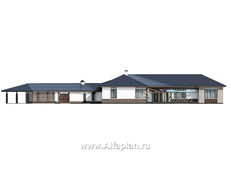 «Полярная звезда« - проект одноэтажного дома из кирпичей, вилла с диагональным планом, с гаражом - превью фасада дома