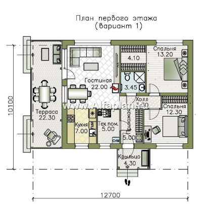 «Литен» - проект простого одноэтажного дома, планировка 2 спальни, с террасой и двускатной крышей - превью план дома