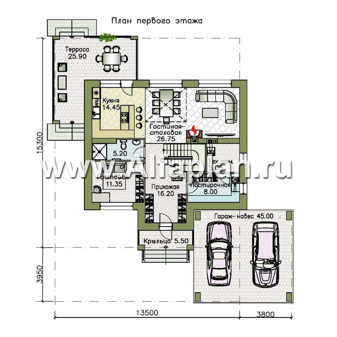 «Вермеер» - проект двухэтажного дома, планировка с мастер спальней, со вторым светом и с террасой, в стиле минимализм с плоской крышей - план дома