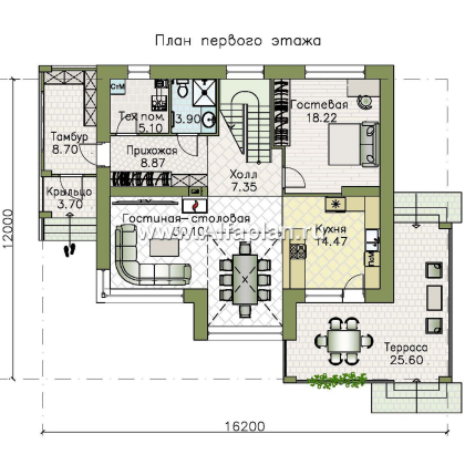«Селектум» - красивый проект двухэтажного дома, планировка с мастер спальней, двусветная столовая, плоская крыша, в стиле минимализм - превью план дома