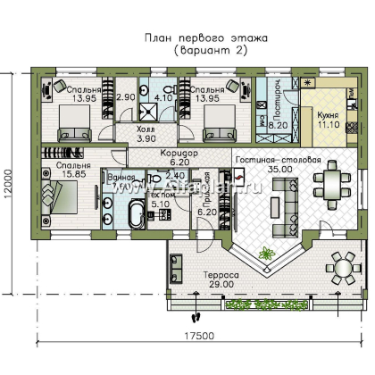 «Рубикон» - проект одноэтажного дома, планировка с панорамным эркером и с просторной террасой, в современном стиле - превью план дома