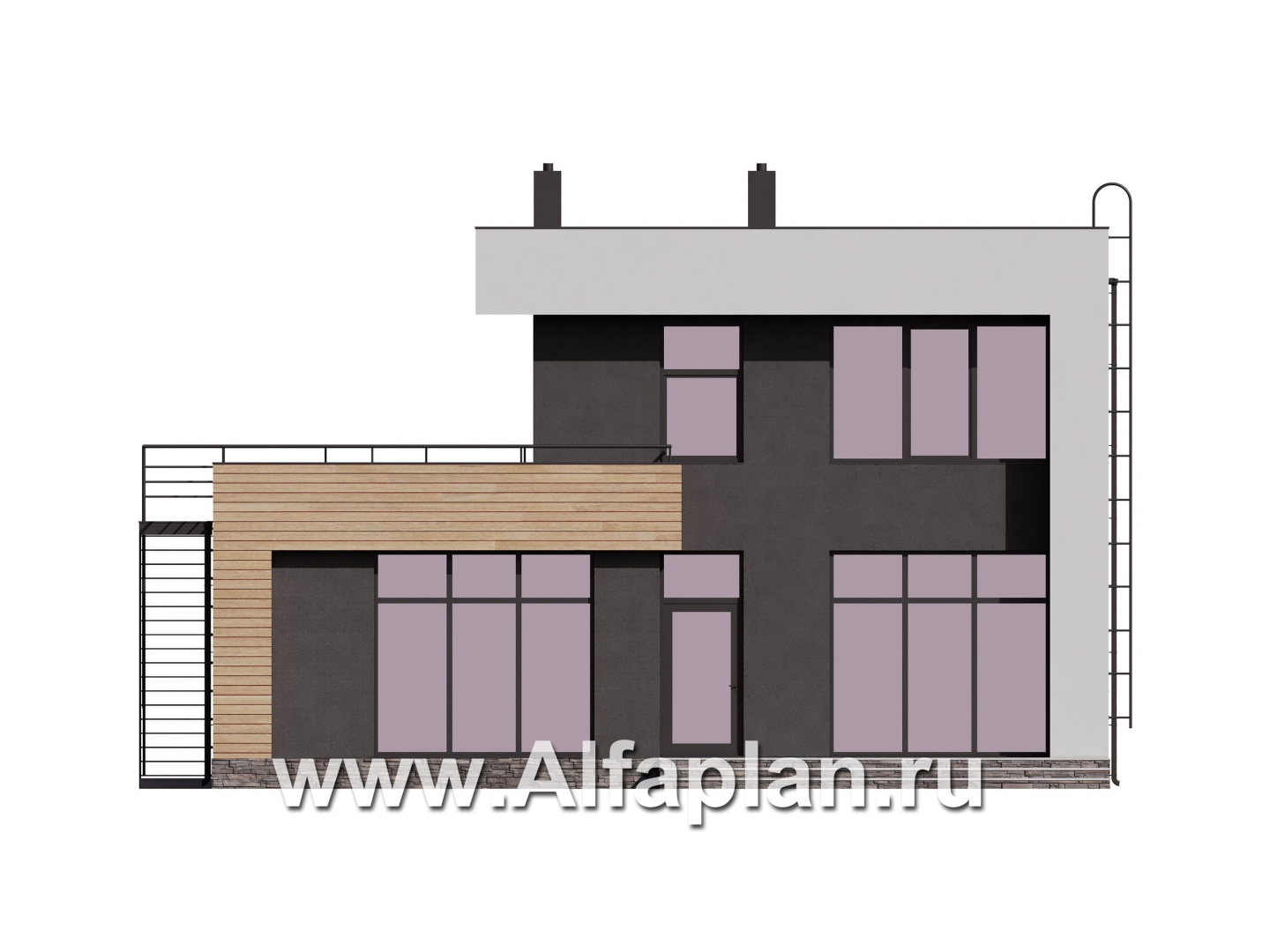 Проект двухэтажного дома, в современном стиле хай-тек, с гаражом и террасой, одномаршевая лестница - фасад дома