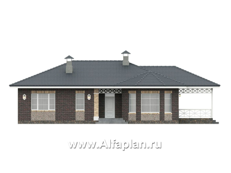 «Розенхайм» - проект одноэтажного дома в баварском стиле, планировка гостиная с эркером, кабинет и 2 спальни, с террасой  - превью фасада дома