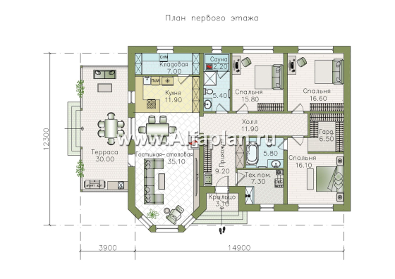 «Розенхайм» - проект одноэтажного дома в баварском стиле, планировка гостиная с эркером, кабинет и 2 спальни, с террасой - превью план дома