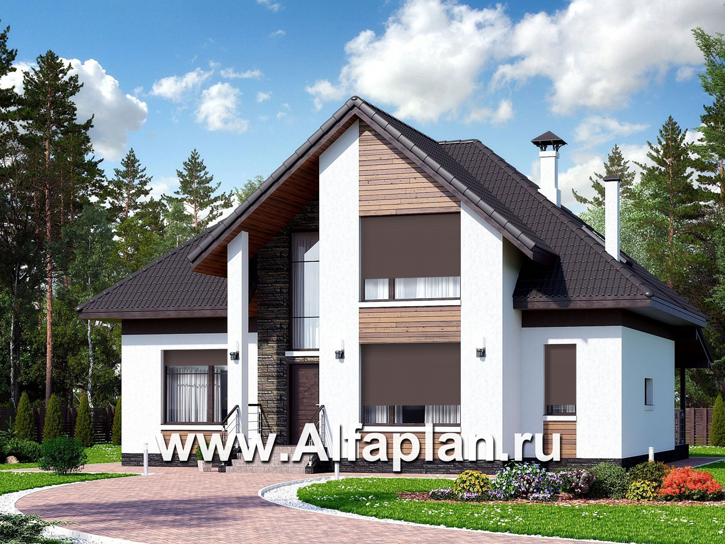 Проекты домов Альфаплан - «Кассиопея» - комфортабельный мансардный дом с рациональной планировкой - основное изображение