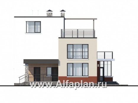Проекты домов Альфаплан - «Земляничная долина» - коттедж с плоской кровлей и эффектным планом - превью фасада №2