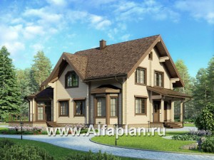 Проекты домов Альфаплан - Деревянный дом с уютной беседкой-барбекю - превью основного изображения