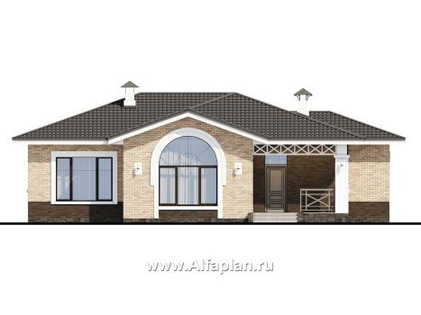 Проекты домов Альфаплан - «Мельпомена» - стильный одноэтажный коттедж с террасой - превью фасада №1