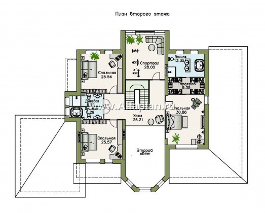 «Пятьсот квадратов» - проект двухэтажного дома, с двусветной гостиной и с террасой, гараж на 2 авто, цокольный этаж, вилла в стиле замка - превью план дома