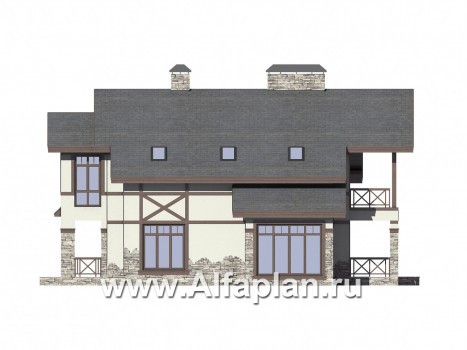 Проект дома с мансардой, планировка с террасой и кабинетом на 1 эт, с сауной, в стиле фахверк - превью фасада дома