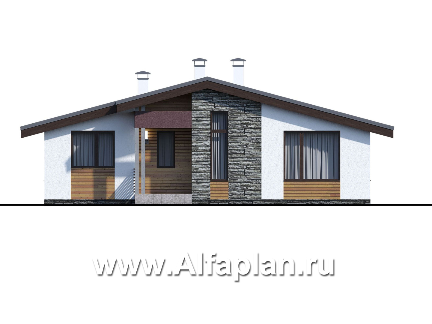 Проекты домов Альфаплан - «Дзета» - одноэтажный каркасный дом с просторной гостиной-столовой - изображение фасада №1