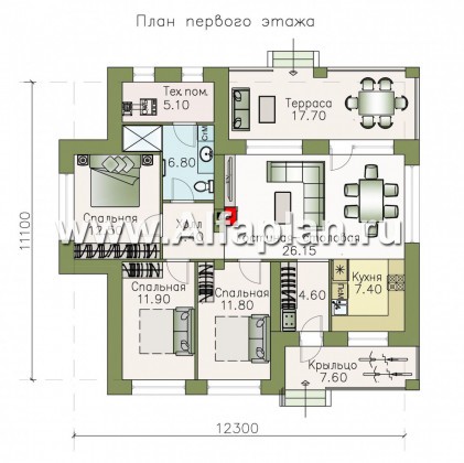 Проекты домов Альфаплан - «Волхов» - проект одноэтажного дома из кирпича с тремя спальнями - превью плана проекта №1