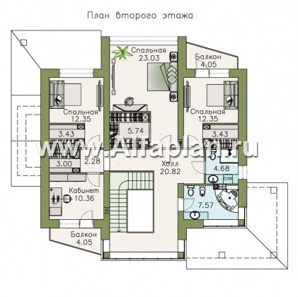 «Аутентик» - проект двухэтажного дома, с террасой и балконом, планировка с лестницей в центре, в современном стиле - превью план дома