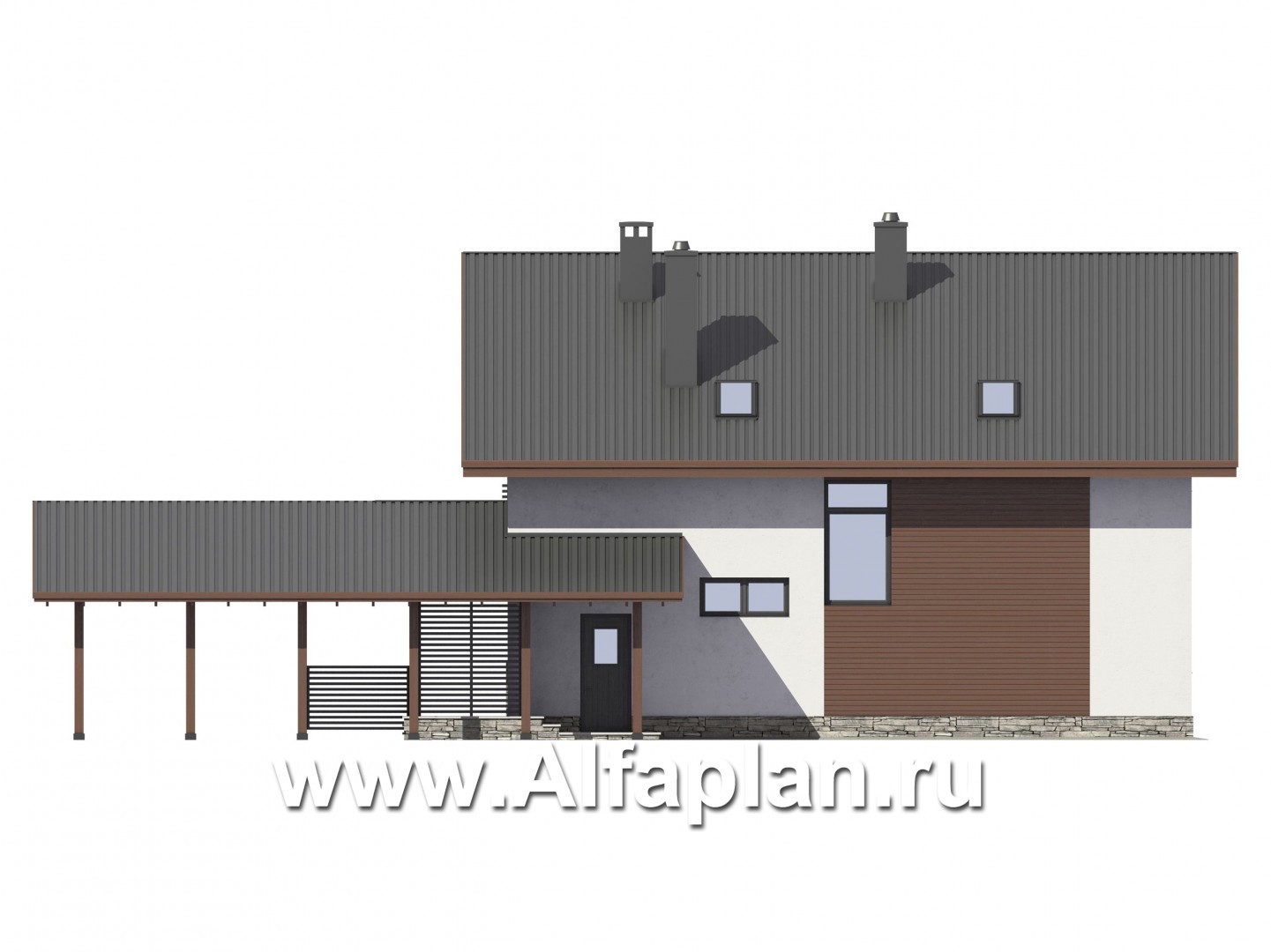 Проекты домов Альфаплан - Экономичный и компактный дом с навесом для авто - изображение фасада №3