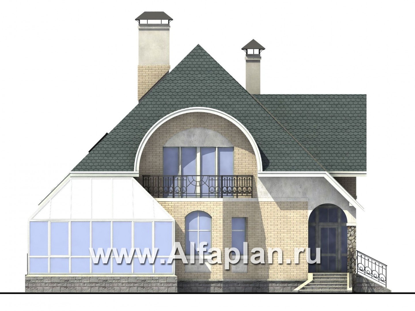 Проекты домов Альфаплан - «Соло»- небольшой коттедж с угловым зимним садом - изображение фасада №1