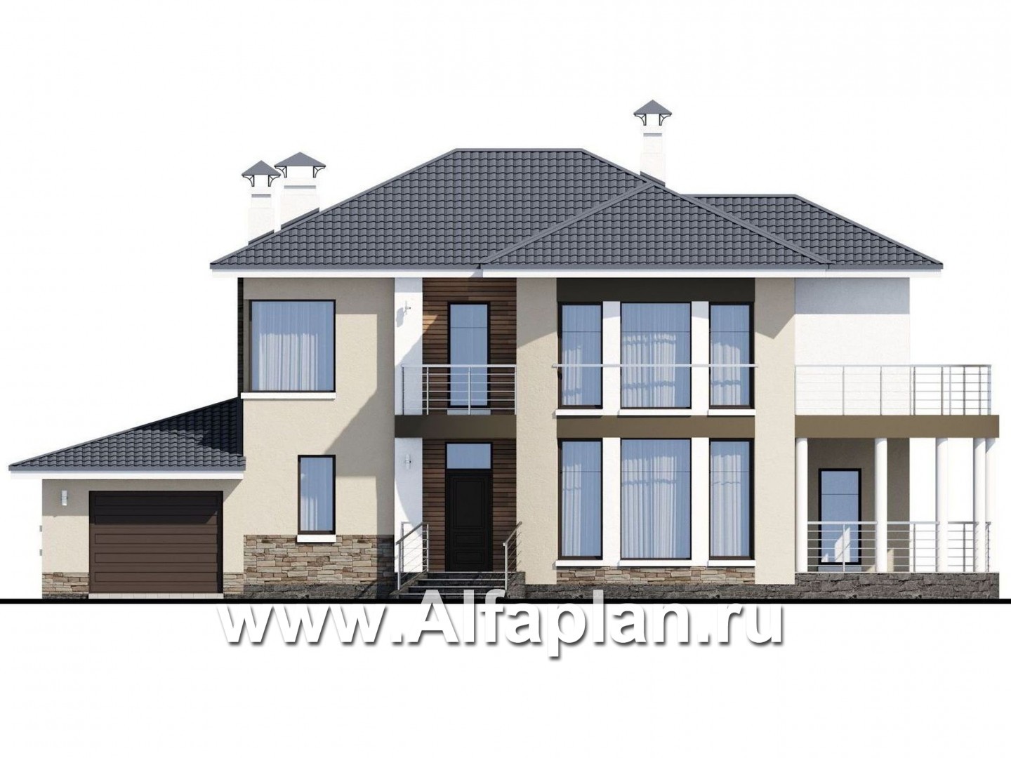Проекты домов Альфаплан - «Меркурий» - стильный коттедж с большой террасой и балконом - изображение фасада №1