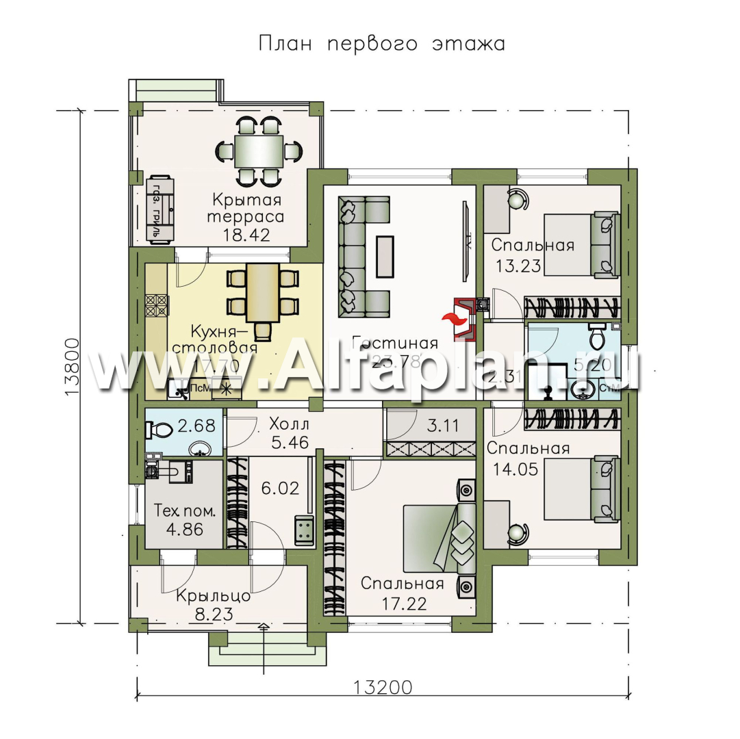 Проекты домов Альфаплан - «Жасмин» - одноэтажный дом в классическом стиле - план проекта №1
