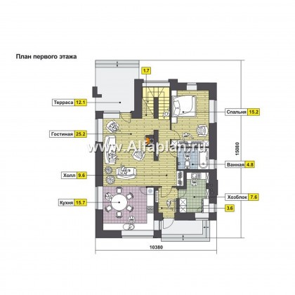 Проект двухэтажного дома, планировка с гостевой на 1 эт и с террасой, мастер спальня, в современном стиле - превью план дома