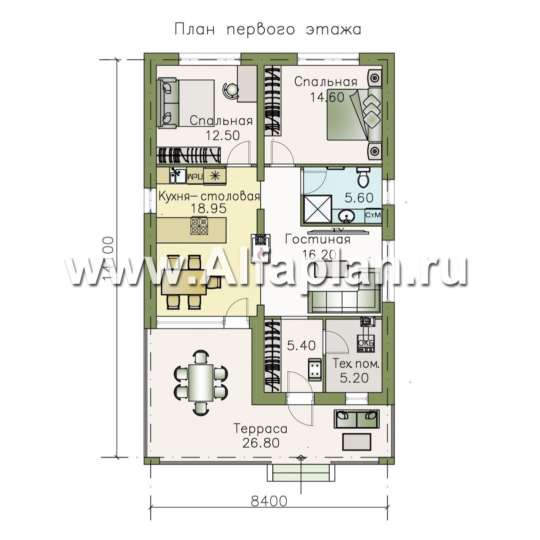 «Родия» - проект одноэтажного дома, 2 спальни, с террасой и двускатной крышей, в современном стиле - план дома