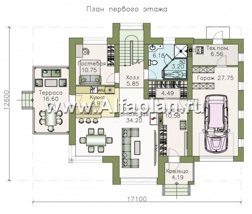 Проекты домов Альфаплан - «Печора» - стильный двухэтажный коттедж с гаражом - превью плана проекта №1