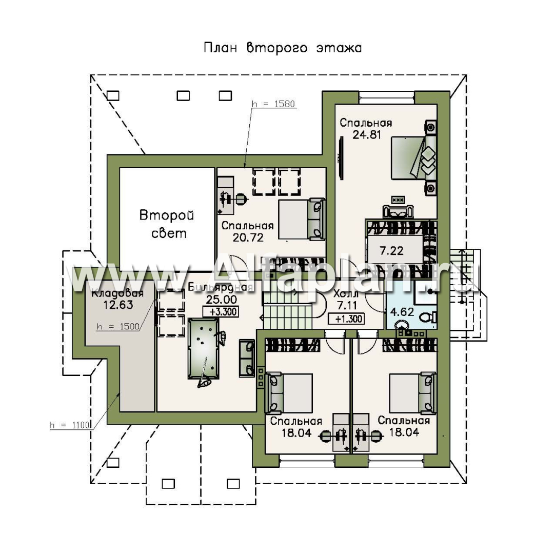 Проекты домов Альфаплан - «Суверен» - полутораэтажный коттедж с небольшим цоколем и мансардой - изображение плана проекта №2