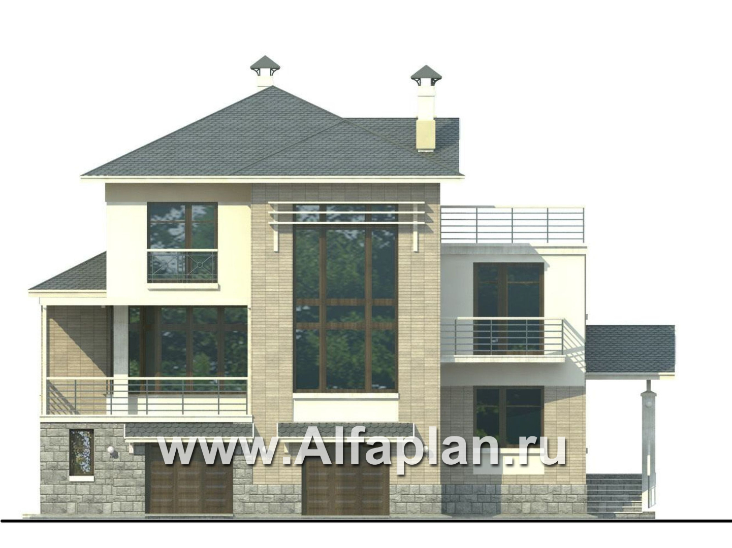 «Три  семерки» - проект трехэтажного дома, гараж в цоколе, второй свет и панорамные окна, современный дизайн дома - фасад дома