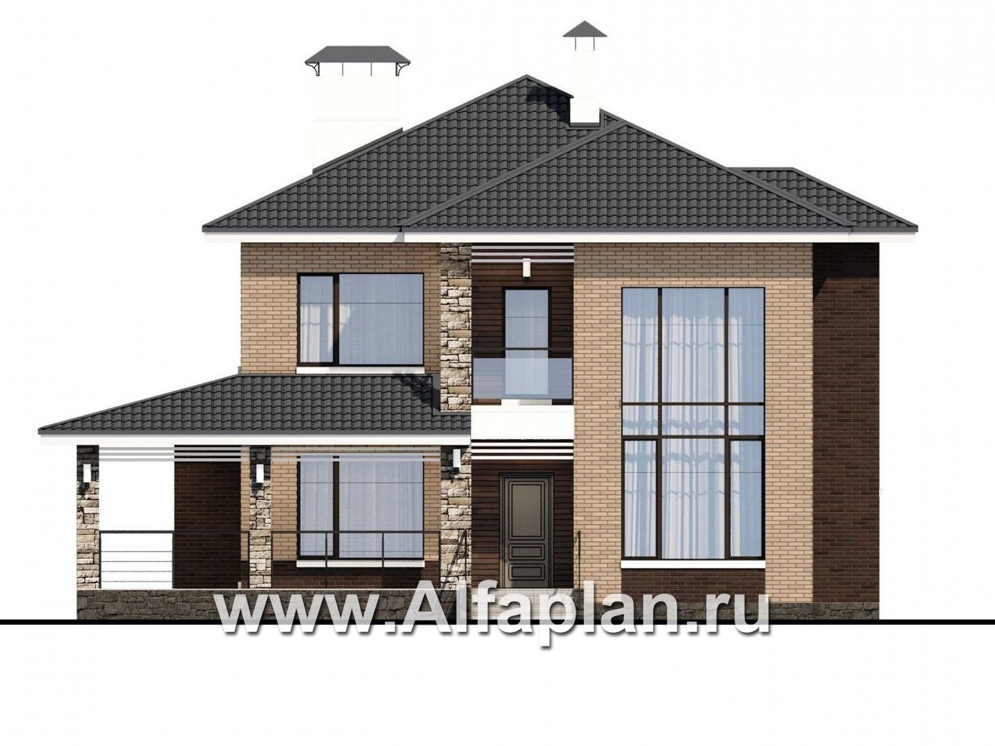 Проекты домов Альфаплан - «Роман с камнем» — двухэтажный коттедж с двусветной гостиной - изображение фасада №1
