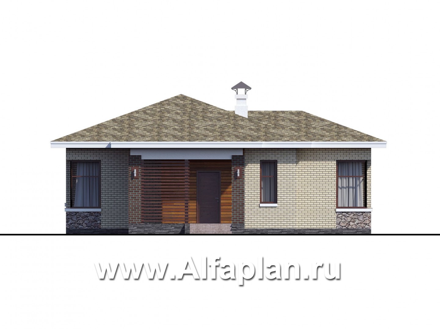 Проекты домов Альфаплан - Проект одноэтажного дома с угловыми окнами - изображение фасада №1
