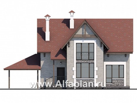 Проекты домов Альфаплан - Коттедж из кирпича «Высокая орбита» с гаражом навесом - превью фасада №4