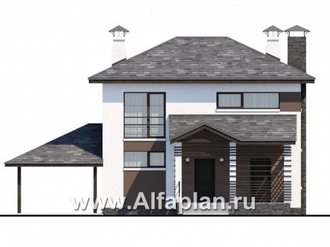 Проекты домов Альфаплан - Кирпичный дом «Панорама» с гаражом навесом - превью фасада №1