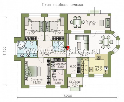 Проекты домов Альфаплан - «Вуокса» - одноэтажный дом с просторной гостиной-столовой - превью плана проекта №1