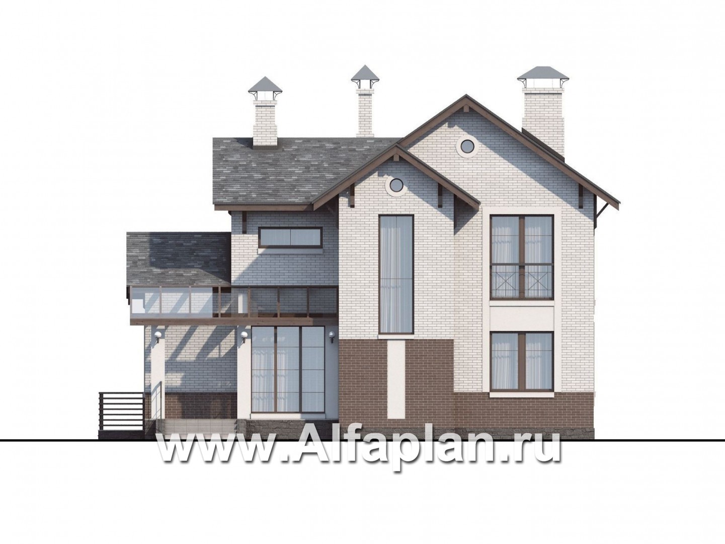 Проекты домов Альфаплан - «Флагман» - коттедж с большой верандой и солярием - изображение фасада №1