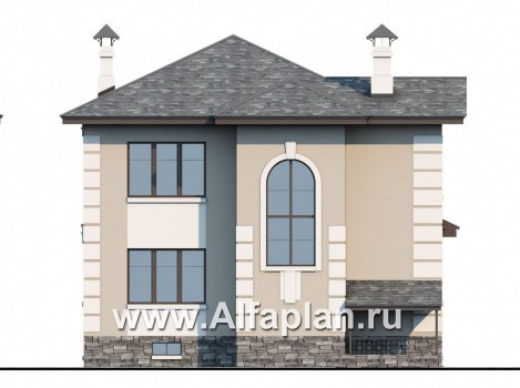 «Знаменка плюс» - проект двухэтажного дома из газобетона, планировка с эркером и с террасой, с цокольным этажом - превью фасада дома