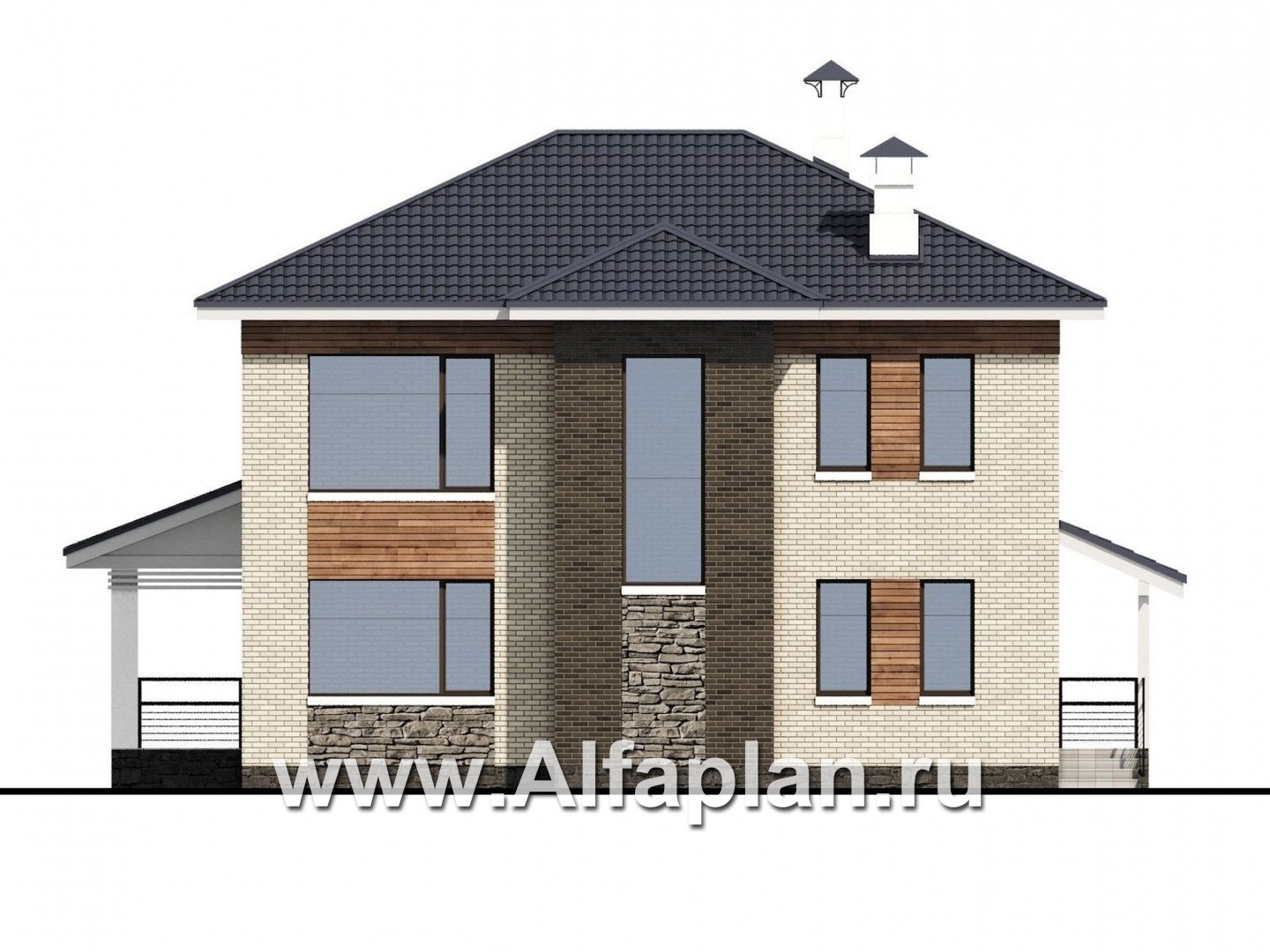 Проекты домов Альфаплан - «Светлая полоса» - современный двухэтажный коттедж с верандой - изображение фасада №4