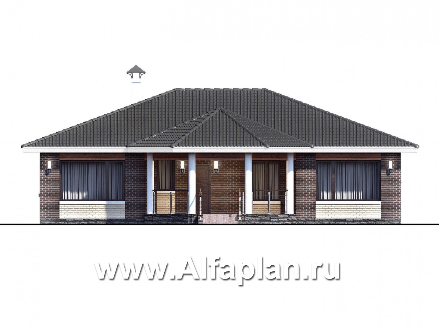 Проекты домов Альфаплан - «Леда» - одноэтажный дом с четырьмя комнатами и большой террасой - изображение фасада №1