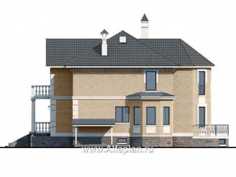 «Головин плюс» - проект двухэтажного дома из газобетона, планировка с лестницей в центре, в классическом стиле с бассейном в цоколе - превью фасада дома
