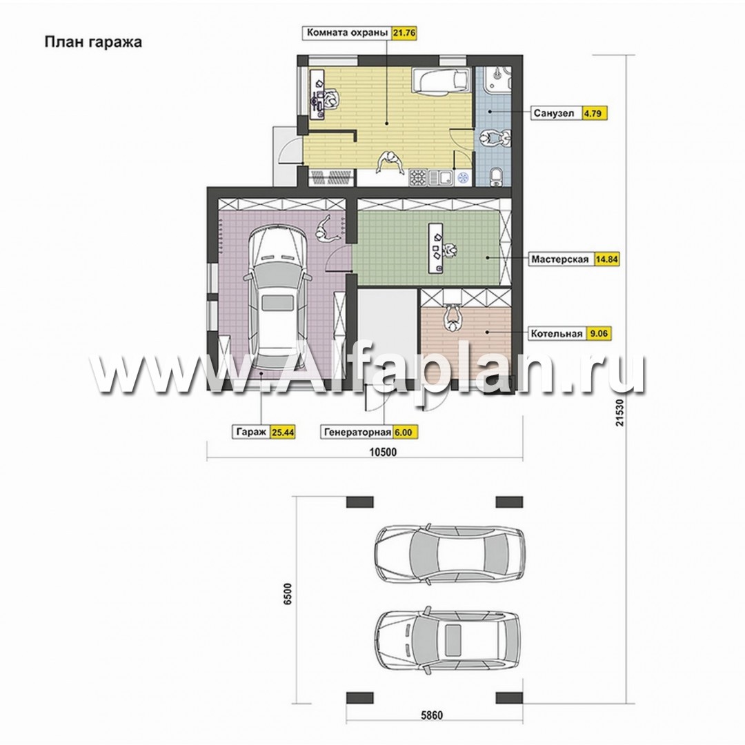 Проекты домов Альфаплан - Хоз. блок с гаражом и навесом на 2 машины - план проекта №1